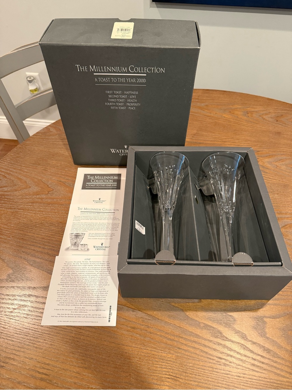 Vintage Waterford Crystal Millennium Collection “Love” Toasting Flute Pair – New
